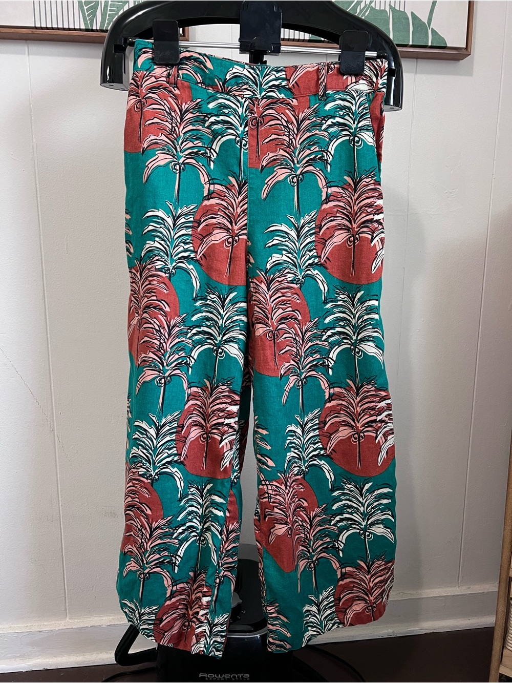 Nicole Miller Teal & Rust Palm Print Wide-Leg Pants 100% euro grown flax linen